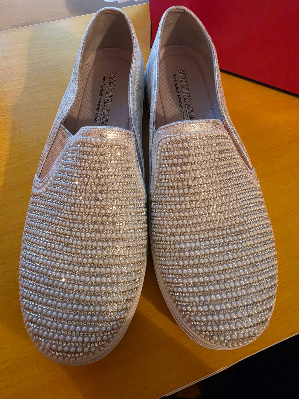 Skechers Silver Pearl-Embellished Slip-On Sneakers